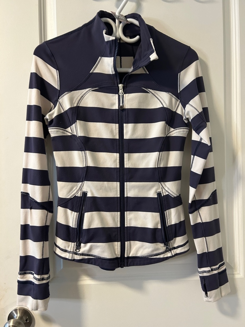 11. lululemon athletica Navy and White Striped Zip Utility Jacket